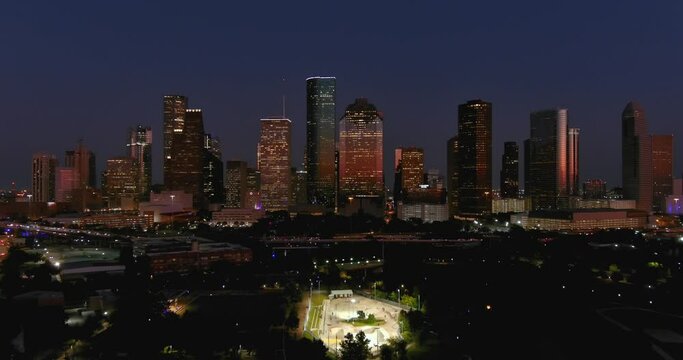 Aerial view of downtown Houston at night