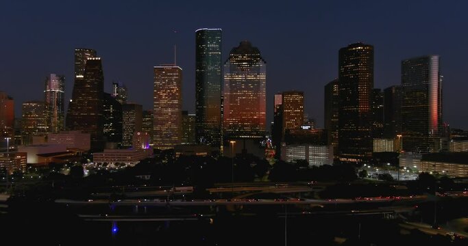 Drone Shot of Houston Skyline Illuminated at Night, Texas