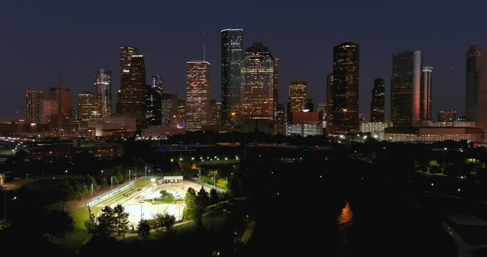 Aerial view of downtown Houston at night