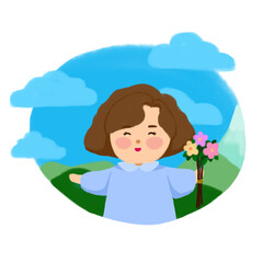 Sweet girl with flower in spring theme illustration for kids fashion artworks