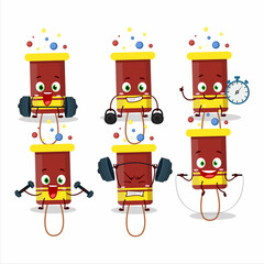 A healthy bubble blaster firework cartoon style trying some tools on Fitness center