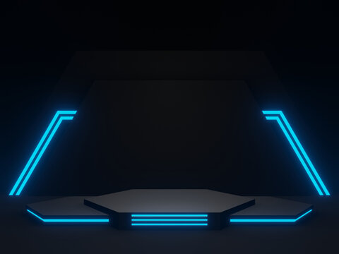 3D black scientific podium with blue neon lights