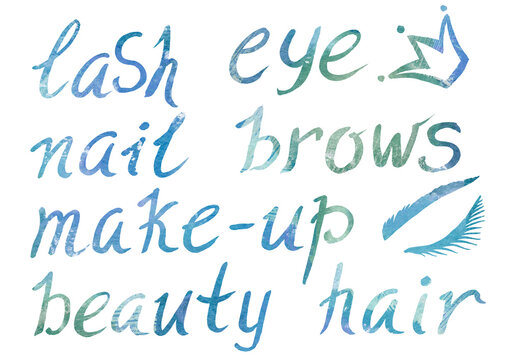 Watercolor artistic multicolor Set of Makeup elements a beauty theme on a white background. Hand written cursive calligraphy Letters, crown symbol and eyelash. Watercolour green and blue gradient word