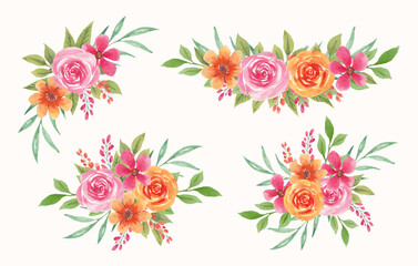 Set of watercolor floral arrangement with colorful flowers