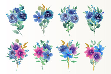 Beautiful floral bouquet of blue and purple watercolor set