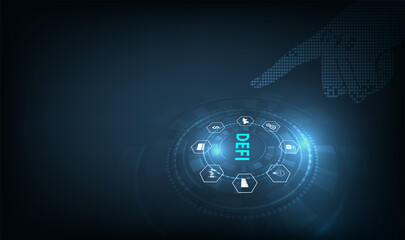 Decentralized Finance(DeFi) on dark blue background.Concept of cryptocurrency, blockchain and digital asset. Futuristic  decentralized financial system. 