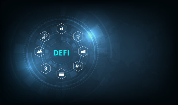 Decentralized finance(DeFi) concept.Composition of cryptocurrency with digital asset vector on dark blue background.Futuristic  decentralized financial system. 