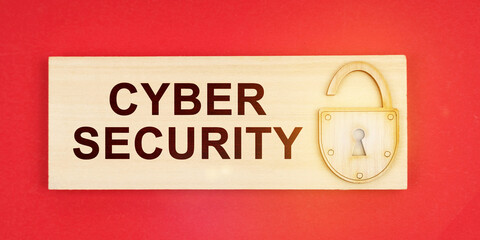 On a red background there is a small plaque on it with a lock and an inscription - CYBER SECURITY