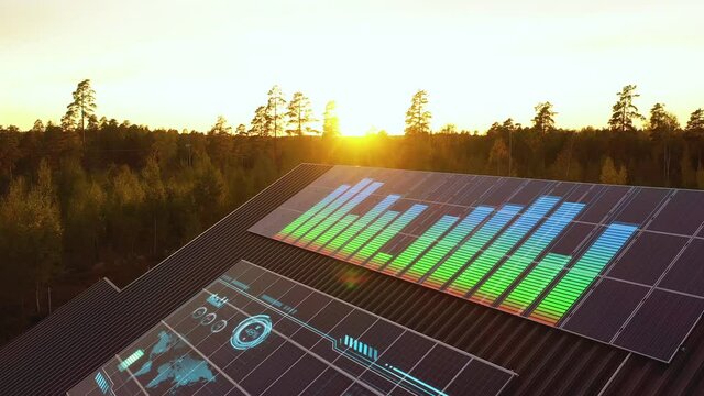 Rooftop solar panel, green energy concept - 3d HUD animation