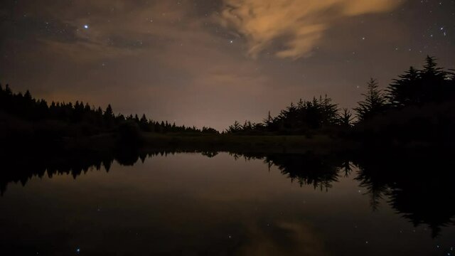 Night time lapse in a lake, stars and cloude