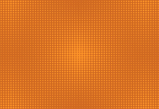 Pop art background. Comic halftone pattern. Orange texture with points. Cartoon retro texture. Geometric duotone banner with half tone effect. Gradient wow design. Vector illustration.