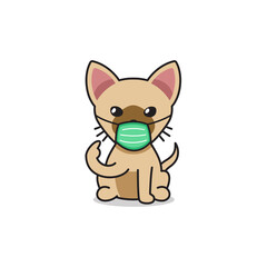 Cartoon character brown cat wearing protective face mask for design.
