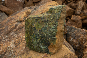 A stone in the mountains of the Subpolar Urals. Natural stone. Travel concept.