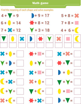  Math game for children. Find the meaning of each shape, and solve examples