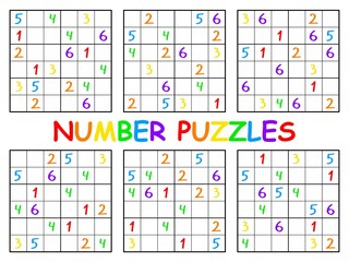 Sudoku set for kids - colorful number puzzles printable activity page vector illustration. Six simple sudoku games six by six for children and beginners with rainbow numbers vector