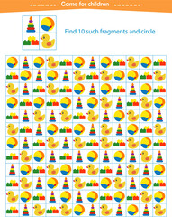  A game for children. Find the toy fragments shown in the sample. Development of attention, thinking