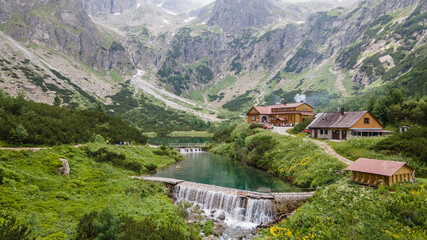 Aerial view of the lake Zelene pleso in the High Tatras in Slovakia