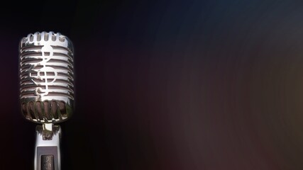 Retro microphone for recording and performing for singers on stage. Bokeh light background can put advertising text.