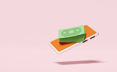 orange mobile phone,smartphone with banknote isolated on pink background. Internet banking,online shopping concept,3d illustration or 3d render