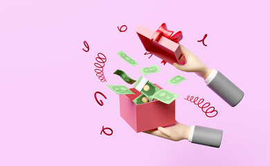 businessman hands holding pink open gift box with pile dollar banknote isolated on purple background,investment or business finance concept,3d illustration or 3d render