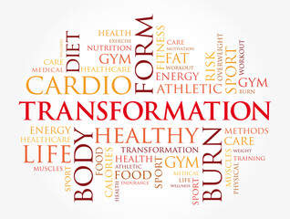 TRANSFORMATION word cloud, fitness, sport, health concept background
