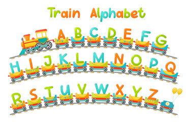 Train alphabet for kid in cartoon style. Capital letters only. Vector ABC letters for children education in school, preschool and kindergarten.