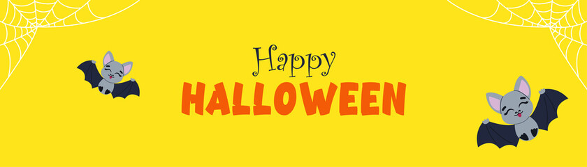 A wide yellow banner for Halloween with cobwebs. Cute cartoon bat, Halloween, for decorating postcards. Halloween Design, Halloween Mood