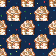 Seamless Pattern with Christmas Gingerbread House on Blue. Vector Illustration.