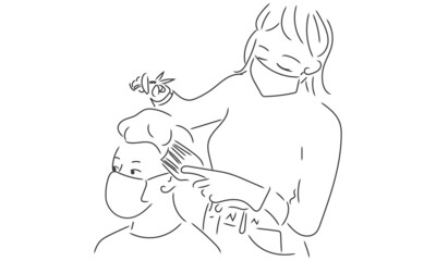 マスク着用の女性美容師と散髪中の男性客