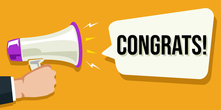 Hand holding megaphone with speech bubble and congratulation announcement