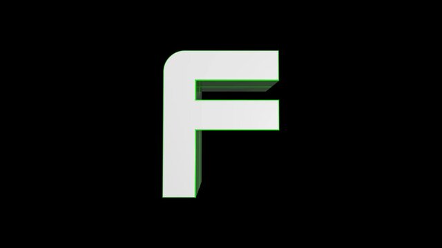 3D Animated alphabet, Green color, letter F on black background