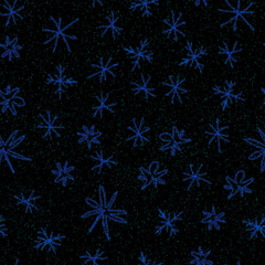Fototapeta na wymiar Hand Drawn Snowflakes Christmas Seamless Pattern. Subtle Flying Snow Flakes on chalk snowflakes Background. Actual chalk handdrawn snow overlay. Elegant holiday season decoration.