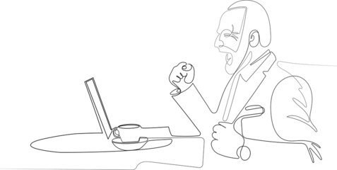 successful happy old businessman in a suit is sitting in the cafeteria and cheering for the good. Vector illustration