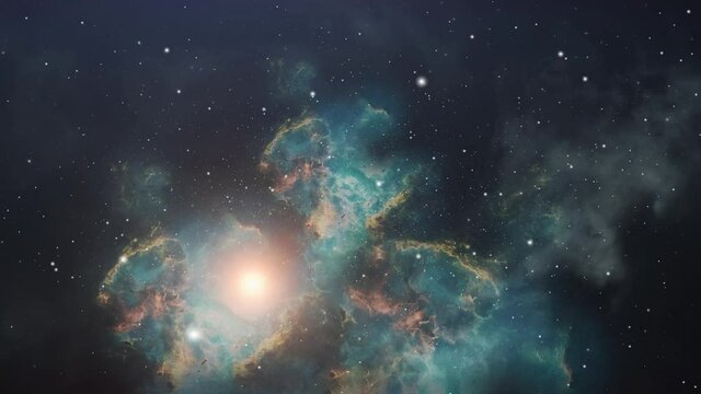 4k universe, moving nebula clouds and light shining brightly in space