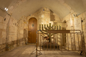 jerusalem-israel, 06-07-2021. The golden lamp inside the synagogue building inside the King David...