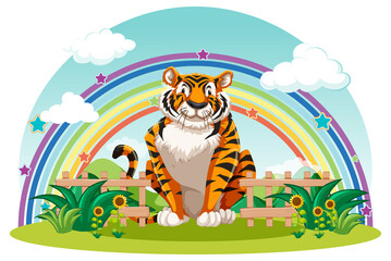 A tiger sitting in the garden with rainbow in the sky