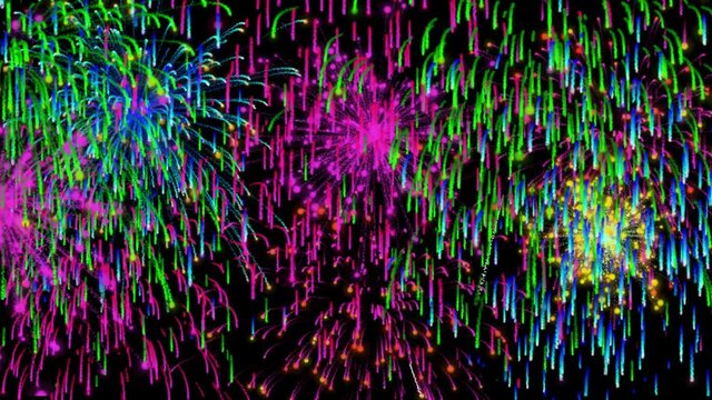 Real fireworks background. abstract blur of real golden shining fireworks with bokeh lights in the night sky. glowing fireworks show.