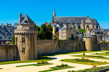 Historical medieval city gate and walls of Vannes commune, Morbihan department, Brittany, north-western France - obrazy, fototapety, plakaty