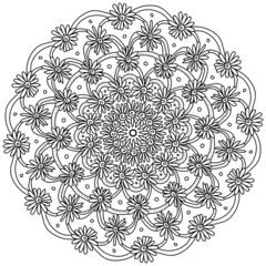 contour mandala with floral motifs, meditative coloring page with small flowers