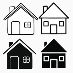 set of house icons in black outline and silhouette, Vector illustration