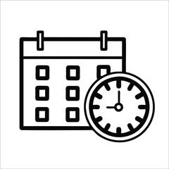 Calendar and clock line art icon vector isolated in white background. Black line style