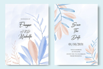 Elegant watercolor wedding invitation card Template with  leaves