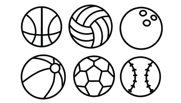 Sport ball flat lines vector icon set. Football, volleyball, bowling, basket, tennis. 