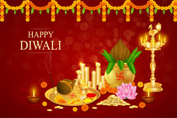 Obraz na płótnie Canvas Happy Diwali and Dhanteras kalash puja with Gold coins, lotus 
