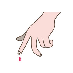 Illustration of a drop of blood spilled falls from index finger, isolated on white background, blood donor and bleeding concept.