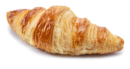Tasty crusty croissant close-up on a white background.
