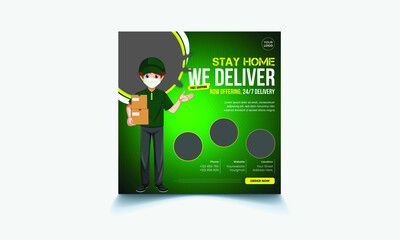 Stay Home online delivery service concept, online order tracking, delivery home, and office. Warehouse, truck, drone, scooter and bicycle courier, delivery man in respiratory mask. Vector illustration