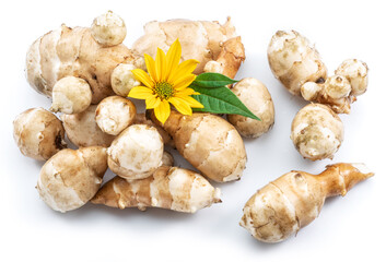 Jerusalem artichoke roots with leaves and flower of Jerusalem artichoke isolated on white background.