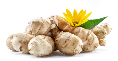 Jerusalem artichoke roots with leaves and flower of Jerusalem artichoke isolated on white background.