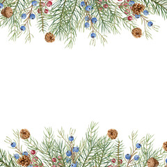 Christmas winter illustration. Square frame with watercolor spruce twigs, cones, blue and red berries